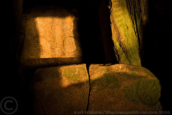 The Backstone of Cairn T illuminated by the autumn equinox sun