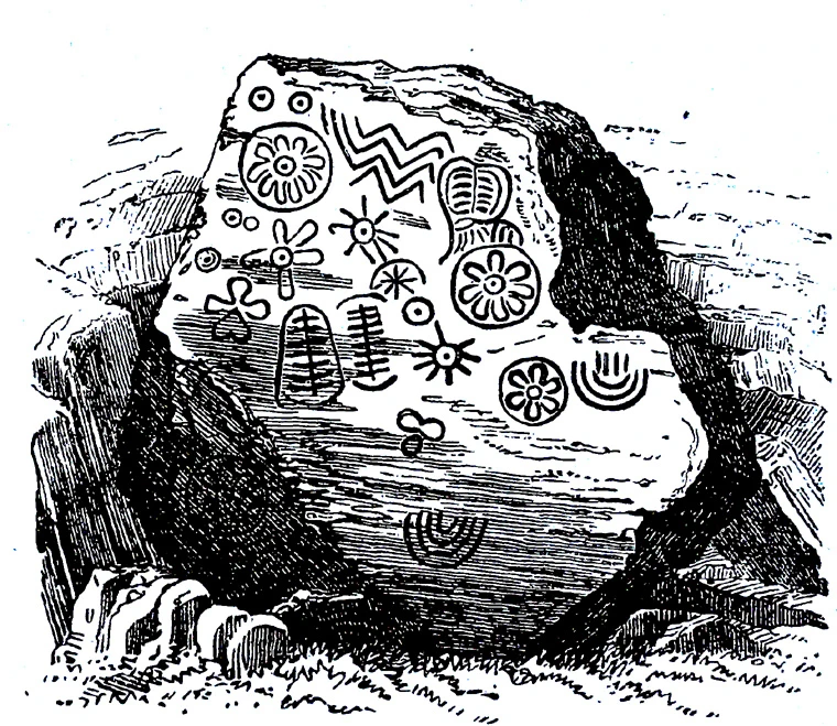 Drawing of the backstone in Loughcrew Cairn T by Eugene Conwell 1873
