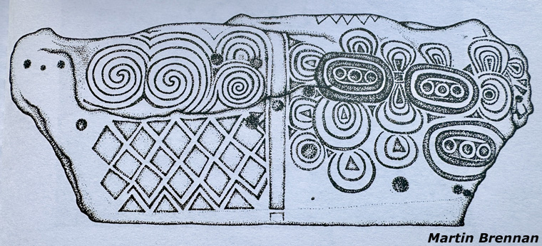 Martin Brennan drawing of Knowth Kerbstone 52 with spirals, a lozenge grid, concentric circles and oval motifs.