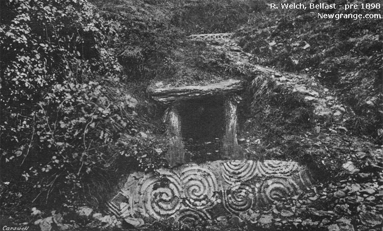 Pre-1898 photograph by R. Welch of the Newgrange entrance stone with spiral and lozenge carvings, overgrown mound and wooden fence above the doorway.