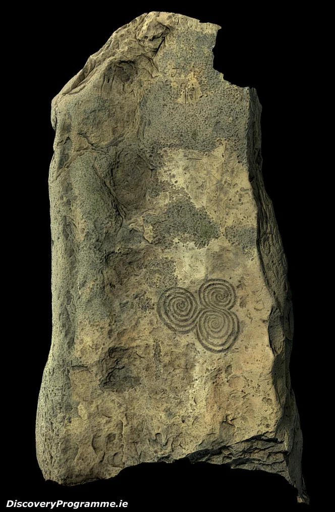 Three-dimensional model of orthostat C10 at Newgrange, with the triple spiral on the front face.