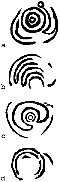 (a) Carving on the stone basin found in the eastern passage at Knowth. (b) Knowth Kerbstone 97. (c) Knowth Kerbstone 68. (d) Stone G, Baltinglass, Co. Wicklow.